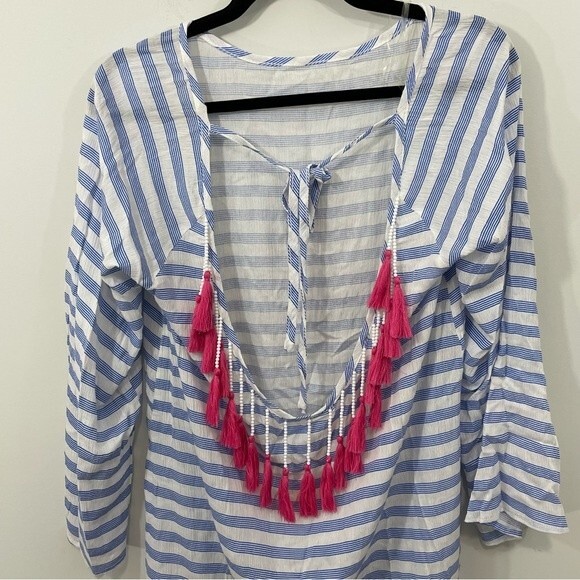 NWT Francesca's Beach Swim Cover Up Blue White Striped Beaded Tassel Size MEDIUM - Picture 3 of 8